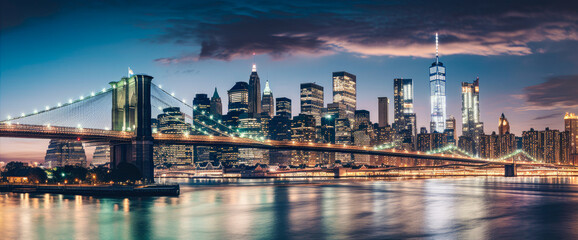 Fototapeta na wymiar A panoramic view of the New York city skyline at night - Generative AI