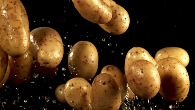 Potatoes fly up and fall down. Filmed is slow motion 1000 fps. High quality FullHD footage