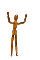 Wooden brown mannequin in motion.With raised hands.