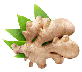 Ginger roots over green leaf top view. File contains clipping path.