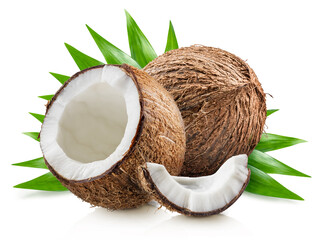 Coconuts with green leaves isolated on white background. File contains clipping path.