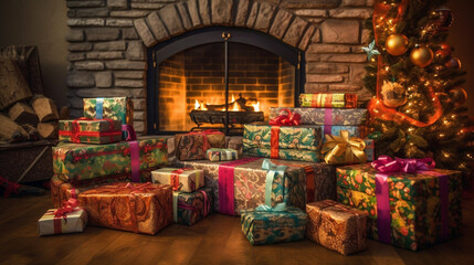 Naklejka premium view of wrapped gifts and fireplace with christmas tree in the back, Created using generative AI tools.