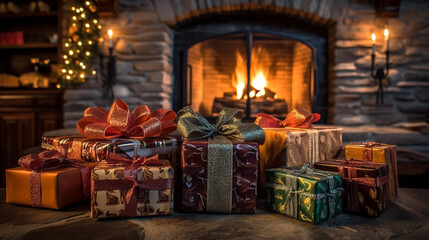 Naklejka na ściany i meble view of wrapped gifts and fireplace with christmas tree in the back, Created using generative AI tools.