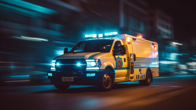 an ambulance racing through the rain on a stormy night with motion blur with reflections and light trails,  Created using generative AI tools.