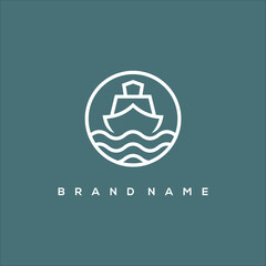 line art Ship and waves in circle logo vector