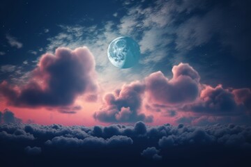 Romantic moon in starry night over clouds, Generative ai