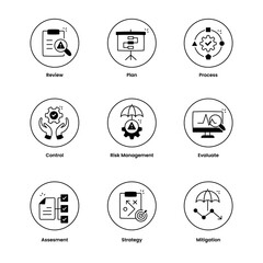 Risk assessment icons pack, Risk mitigation icons collection, Risk analysis icons set, Risk control icons bundle, Risk monitoring icons pack, Risk planning icons collection, anRisk strategy icons set.