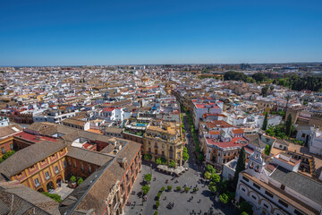 Fototapeta na wymiar Aerial View of Seville and Plaza Virgen de Los Reyes Square - Seville, Andalusia, Spain