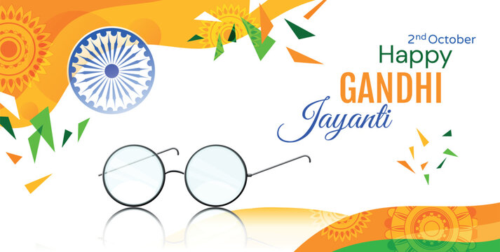 Mahatma Gandhi banner. Glasses next to flag with traditional Indian holiday 2nd October. Patriotism and freedom, culture and traditions of country. Cartoon flat vector illustration