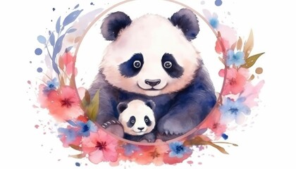 Naklejka premium An AI generated watercolor illustration of a cute panda family. (Generative AI)