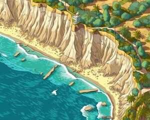Coastal cliffs, turquoise waters, sandy beaches and palm trees. Generative AI