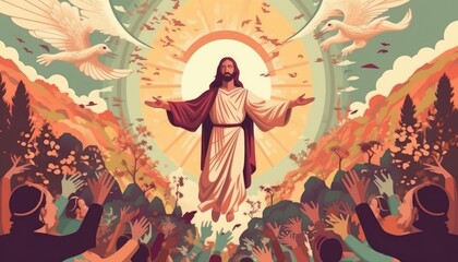 Obraz na płótnie Canvas AI generates Jesus Christ Ascension Day illustration for Christian holiday. (Generative AI)