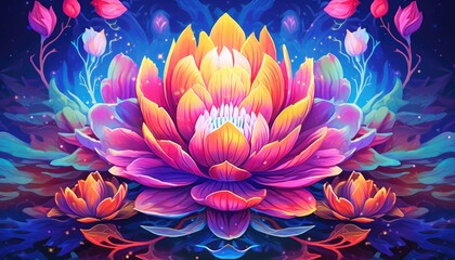 A colorful digital art of blooming lotus plant. (Generative AI)