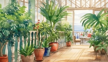 The terrace is adorned with lush green indoor plants. (Watercolor style, Generative AI)