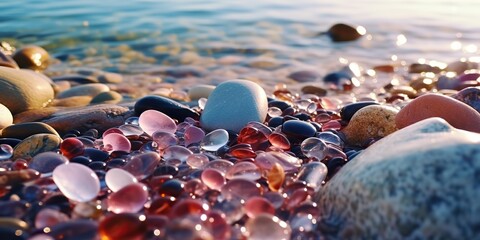 AI Generated. AI Generative. Summer beach cost sea side pebbles stones. Graphic Art