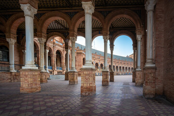 Fototapeta na wymiar Arches of Central Building at Plaza de Espana - Seville, Andalusia, Spain