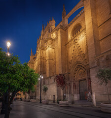 Fototapeta na wymiar Seville Cathedral at night with Door of the Prince (Puerta del Principe) - Seville, Andalusia, Spain