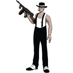 Cartoon semi realistic mobster character with tommy gun 
