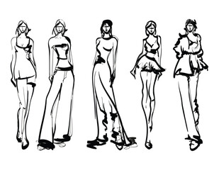 Set of Stylish fashion models. Pretty young girls. Fashion woman Sketch - 606865333