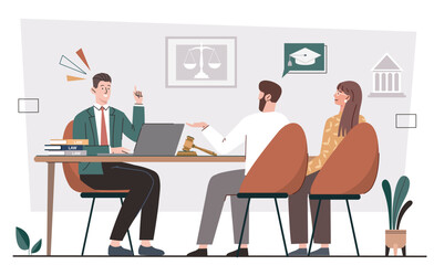 Law firm concept. Man and woman came for advice to notary or lawyer. Protection of rights and court. Legal support for business, consulting. Attorney and judgement. Cartoon flat vector illustration