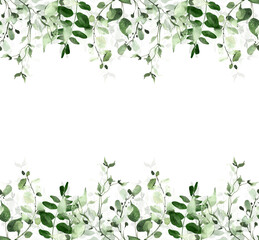 Watercolor painted greenery seamless frame on white background. Green wild plants, branches, leaves and twigs.