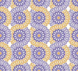 Seamless repeating floral pattern with abstract decorative daisy flowers in purple and yellow on a white background. Vector illustration for textile, wrapping, print, and decoration.