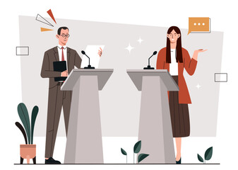Political debates concept. Man and woman stand behind microphone stands. Pre election campaign of presidential candidates. Democracy and freedom of speech. Cartoon flat vector illustration - obrazy, fototapety, plakaty