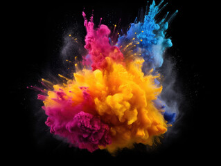 Explosion of colored powder on a black background, generative ai