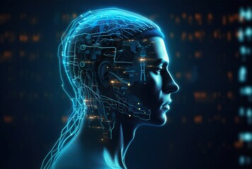 Obraz premium The head of a man with a computer network and lines in the background. Generative AI