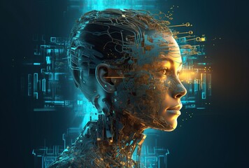Futuristic face of female robot in the digital form. Generative AI