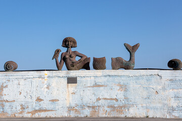 Bronze Mermaid Statue on Gytheio Harbour, Wall Mani Peninsula