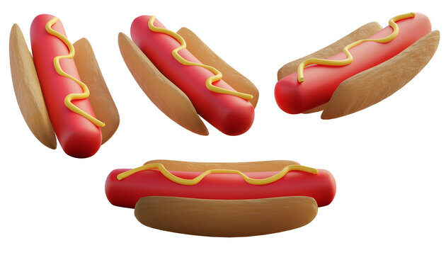 Hot dog sausage various directions 3d rendering illustration, Transparent Background