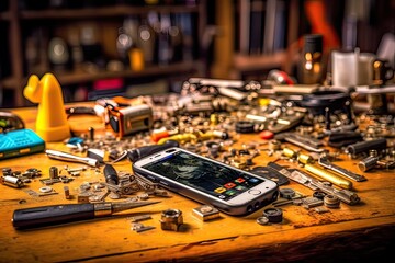 cellphone repair shop table with smartphone stuff tools equipment photography Generative AI 
