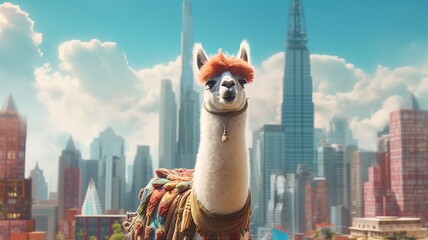 Fototapeta premium cute cheerful lama on the background of the city, Humorous image of a llama in the city, ai generative