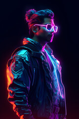 A neon man a neon jacket, cyberpunk man with generative ai