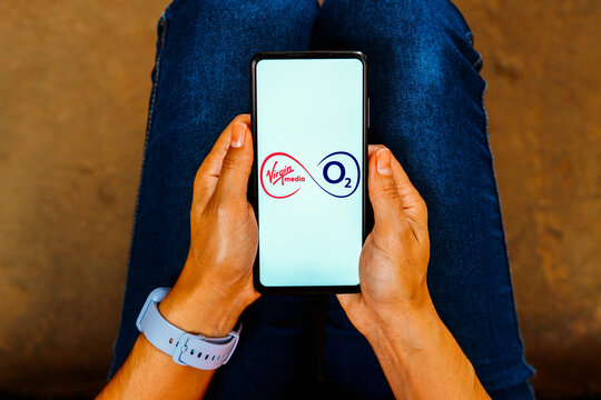 May 27, 2023, Brazil. In this photo illustration, the Virgin Media O2 logo is displayed on a smartphone screen.