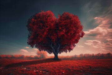 Naklejka na ściany i meble Red hearth shaped tree, Generative ai