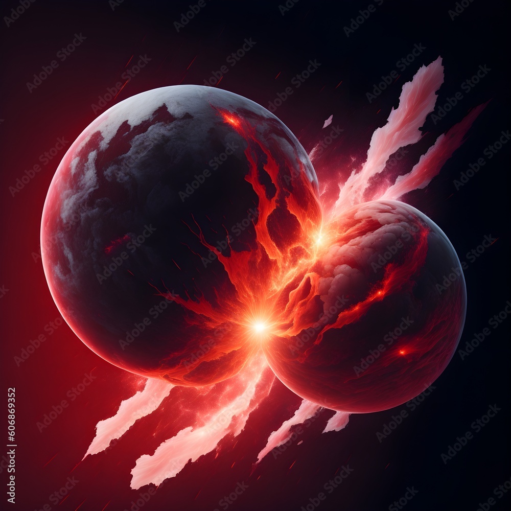 Sticker background explosion collision of two planets in the sky (black and red)