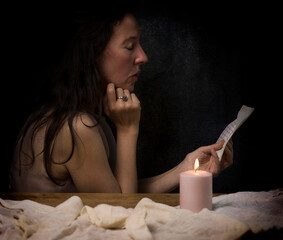woman in romantic attitude reading a love letter III