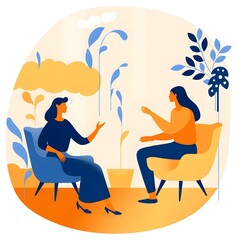 Illustration of a conversation with a psychologist two people in cartoon style talking at a psychologist's counseling session - obrazy, fototapety, plakaty