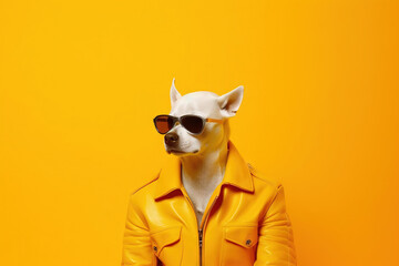 pop portrait of a dog with sunglsses on a yellow leather jacket over a yellow background
