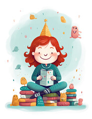  red hair smiling girl sitting on books, cartoon character, surrounded by little kids toys,children's book illustration style, ai generative