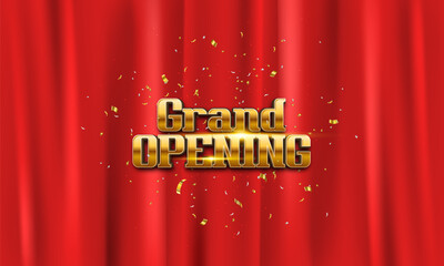 Grand opening logo with confetti on red curtain background. Ceremony presentation. Vector illustration.