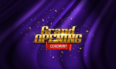 Grand opening with confetti on curtain background. Ceremony presentation. Vector illustration.