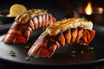 Grilled lobster tails served on a plate with a restaurant-style presentation.  Generative AI. - obrazy, fototapety, plakaty