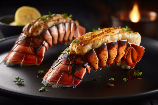 Grilled lobster tails served on a plate with a restaurant-style presentation.  Generative AI.