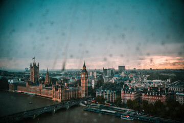 The Big Ben and the Parliament seen from the London Eye on a Rainy Dusk - London, UK