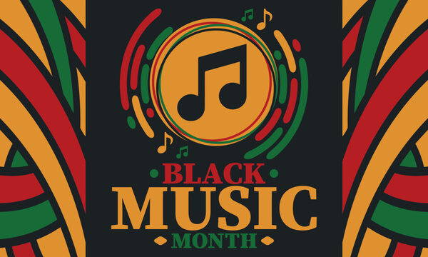 Black Music Month in June. African-American Music Appreciation Month. Celebrated annual in United States. Music concept. Poster, card, banner and background. Vector illustration