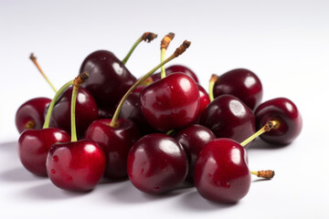 a small pile of ripe cherries on a pure white background