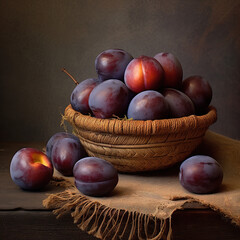 Obraz premium Freshly juicy picked organic plums in bowl on table.
